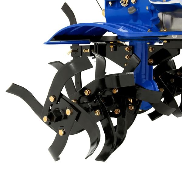 7.5hp petrol rotavator with black metal tines, blue engine cover, and sturdy wheels, designed for efficient soil cultivation