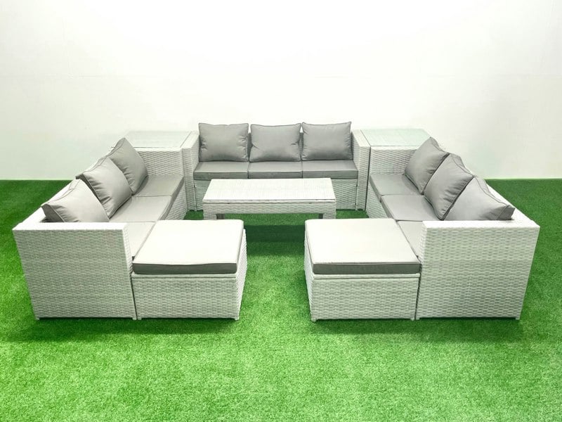 Fimous Rattan Garden Outdoor Furniture Set 11 Seater Garden Sofa Oblong Coffee Table Set with 2 Big Footstools 2 Side Tables Light Grey Mixed