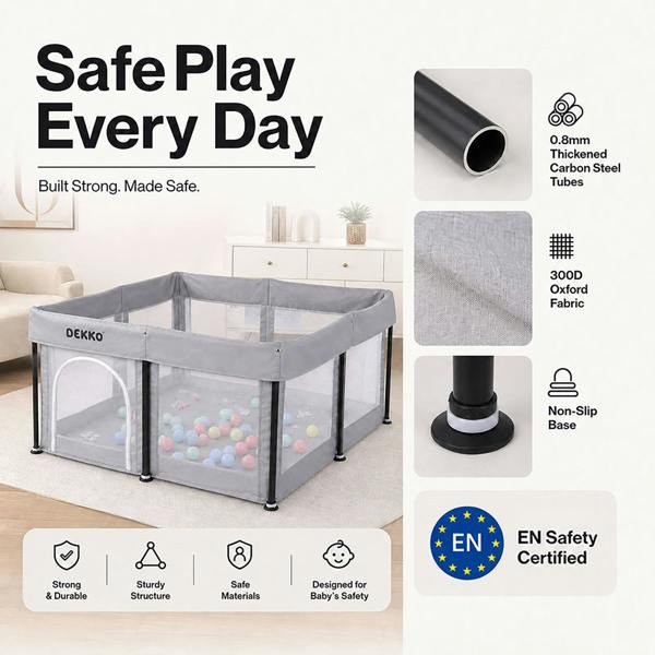 Dekko Baby Playpen Foldable Playpen With Mat 50 Balls Easy Setup Indoor Grey
