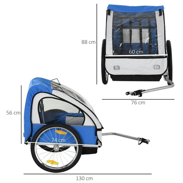 Blue two-seat bike trailer wagon with safety frame and protective cover, shown with dimensions