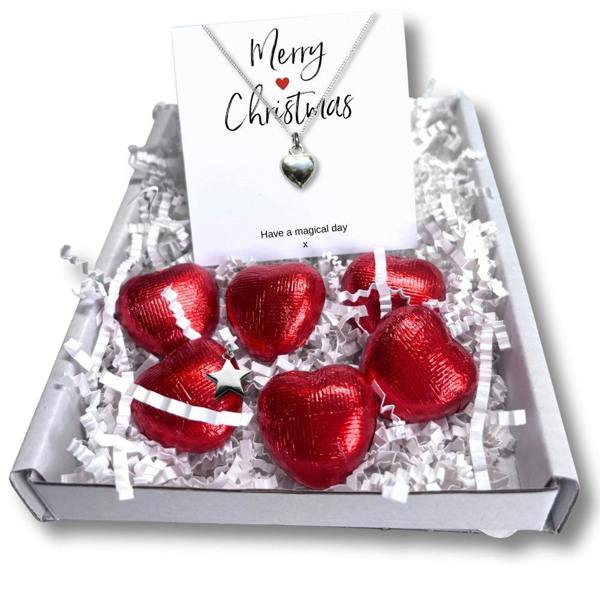 Aye Do Gifts Merry Christmas Gift Box, Silver Heart Necklace & Chocolate Treats