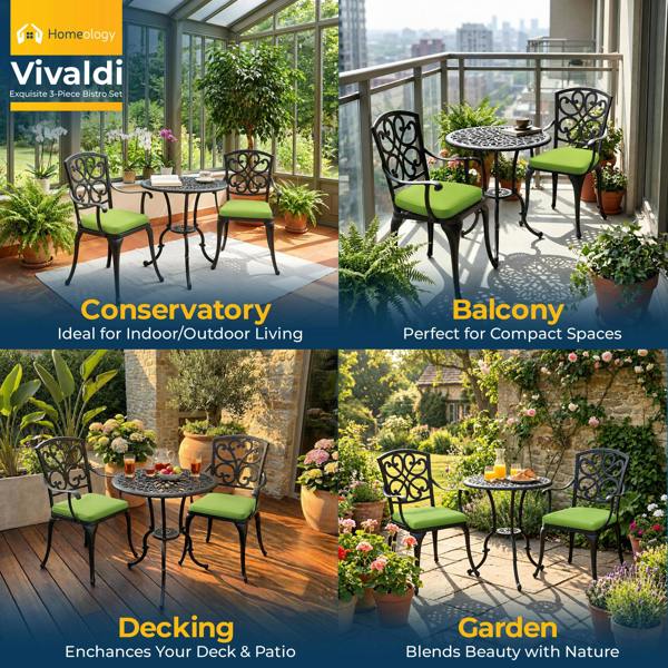 Homeology VIVALDI Black 3-Piece Cast Aluminium Garden Bistro Set - with Green Cushions
