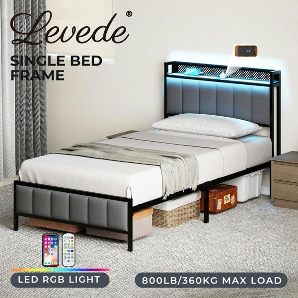 Levede Single Bed Frame Metal Platform 90x200cm LED Headboard Charging Station