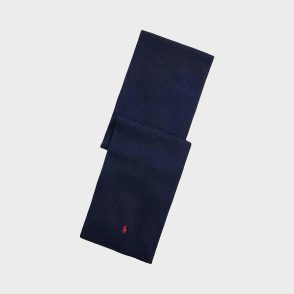 Supplied Fashion navy blue wool scarf with an embroidered red pony logo, featuring a soft knit texture.