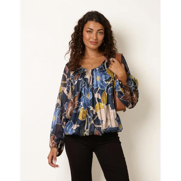 Blue Vanilla Long Sleeve Metallic Round Neck Blouse