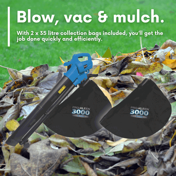 ProKleen Pro-Kleen Garden Leaf Blower And Vacuum - 3000W - Shreds & Mulches 10-1 Ratio, 10m Power Cable, 2 x 35L Bags