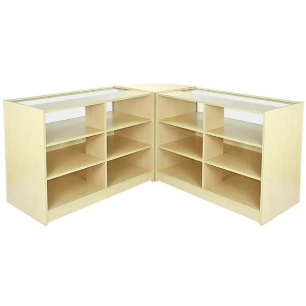 Fusion Maple Shop Counter & Retail Display Set featuring light maple finish, multiple open shelves, and a sleek, modern design