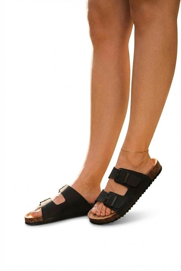 Harper Womens Double Buckle Cork Slide Sandals - BLACK_wb