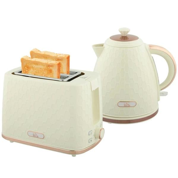 Beige electric kettle and two-slot toaster set with toast and control panel