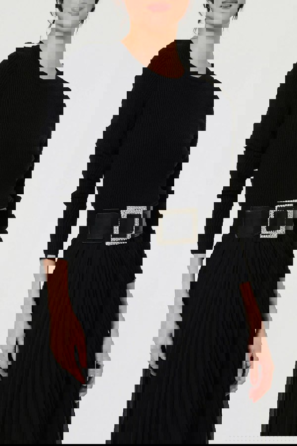 Black | Diamante Buckle Stretch Wide Belt
