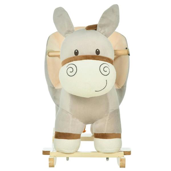Grey plush donkey toy with padded seat and safety belt, front view