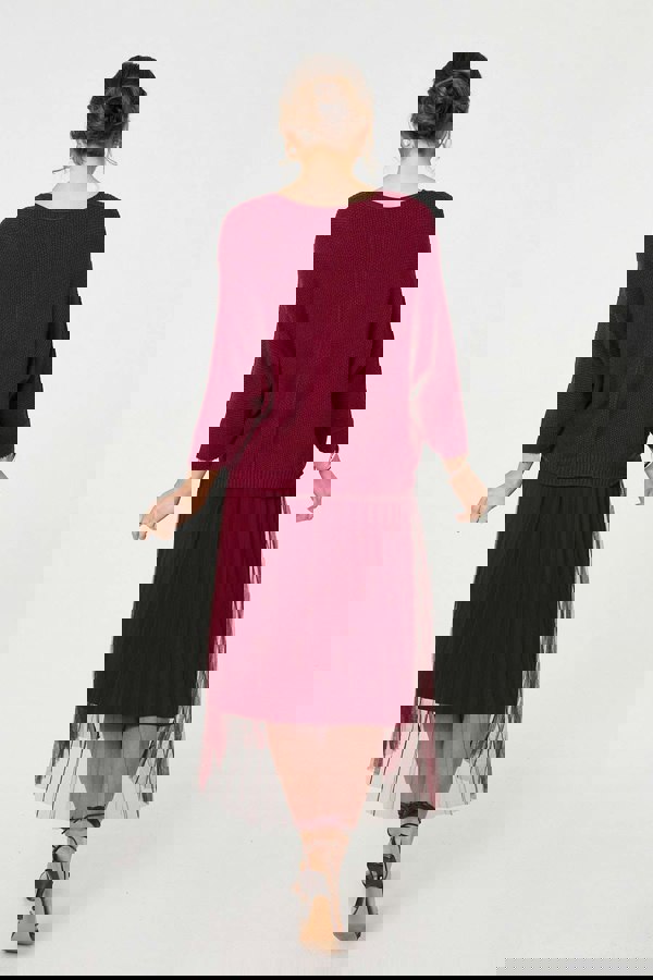 Burgundy | Layered Knit Top Mesh Pleated Midi Dress