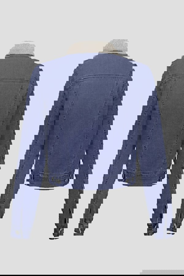 ENORSIA Mid Blue Borg Collar Cropped Denim Jacket