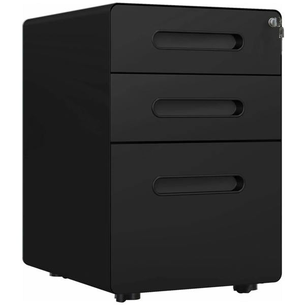 Black 3-drawer lockable vertical file cabinet with curved pull handles