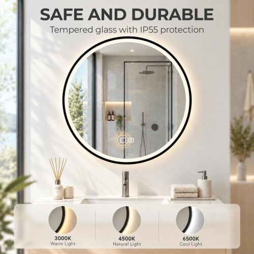 HOMCOM LED Bathroom Mirror, 60cm Round Bathroom Mirror, Dimmable, Black