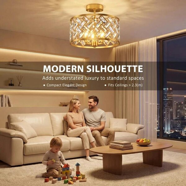 3-Light Crystal Glass Ceiling Light, Modern Ceiling Lamp w/ 3 E14 Sockets for Living Room, Bulb Not Included, Gold Tone
