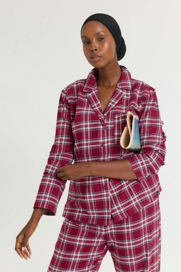 Plaid Long Pyjama Set in Bordeaux - Pajamas
