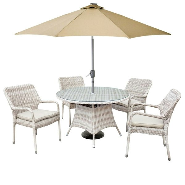 Oseasons Palmera Rattan Stacking 4 Seat Dining Set in Sandy White with 2.7m LED Parasol and Base