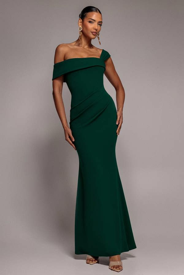 Off The Shoulder Pleated Waist Maxi Dress - Emerald Green DR2594