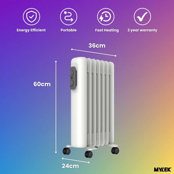 Mylek Oil Filled Radiator Electric Heater Portable With Adjustable Thermostat - White 1500w