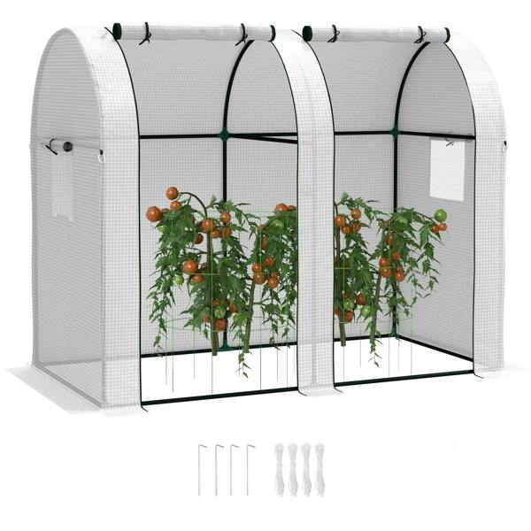 Two-room mini greenhouse with white fabric cover, arched mesh panels and zipper doors