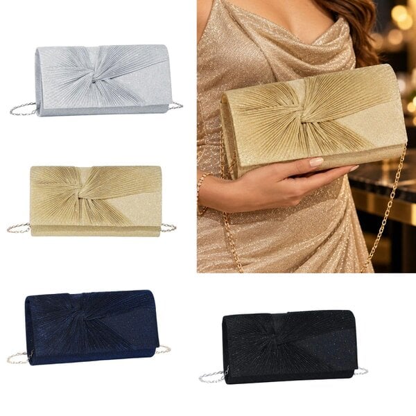 Love EMVY Sparkly Evening Clutch Bag with Pleated Knot Detail & Chain Strap