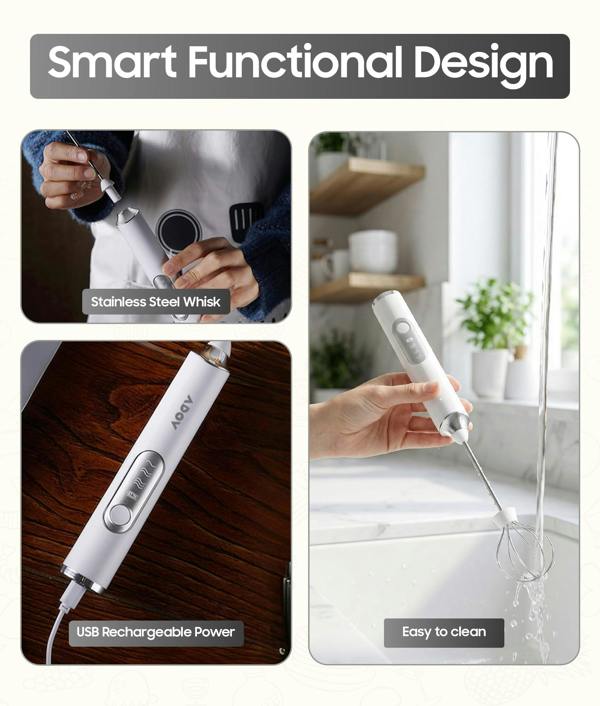 ADOV Rechargeable Handheld Milk Frother, 3-Speed Electric Coffee Whisk with 2 Heads for Latte, Cappuccino and Matcha