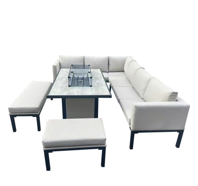 Furnishings For Less L Shaped 9 Seater Beige Garden Patio Set + Fire Pit Table