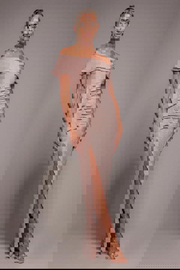 Lurex Bardot Maxi With Waterfall Ruffle - Blush DR4093