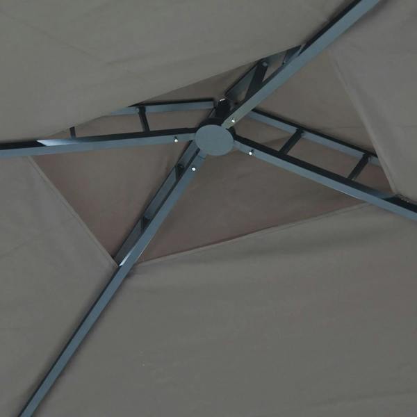 Brown double-layer canopy with black steel cross beams and center roof hub