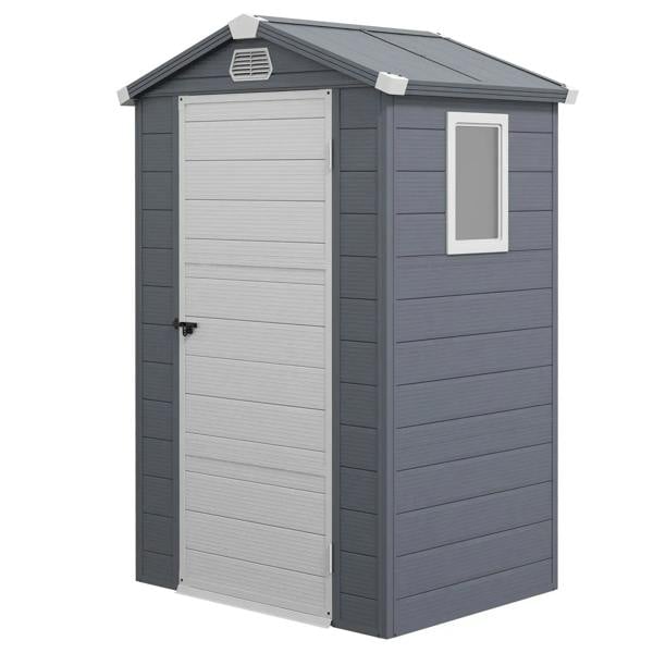 Grey wall shed with hinged door and small square window