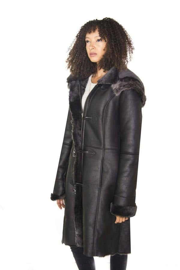 Infinity Leather Womens Black Sheepskin Hooded Duffle Coat-Ottawa