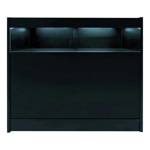 Theseus LED shop counter set in sleek black, featuring a smooth surface and integrated LED lighting for modern display aesthetics