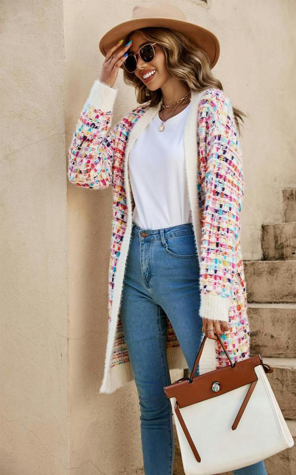 FS Collection Cream Boucle Check Cardigan In Rainbow Multicolour Speckles