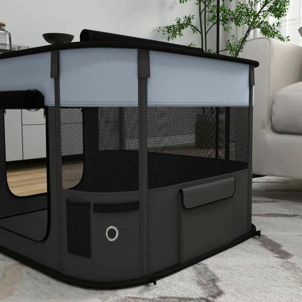 Foldable dog pen with mesh panels and single front door, grey roof, dark base, indoor use
