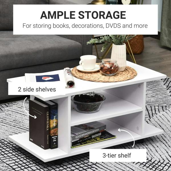 White storage TV cabinet stand with two side compartments and a three-level shelf