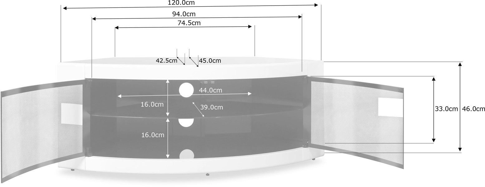 Centurion Supports PANGEA Gloss White Beam-Thru Curved Tru-Corner 32”-50” TV Cabinet