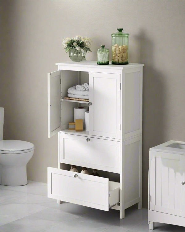 Modcraft White Bathroom Storage Cabinet – Kitchen Cupboard with 2 Drawers, 2 Doors & Adjustable Shelf, 110cm Tall