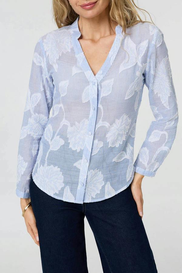 Blue | Floral Textured Long Sleeve Slim Shirt