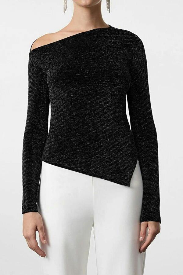 WOVCOR Asymmetrical Collar Glittery Knit Chic Party Blouse