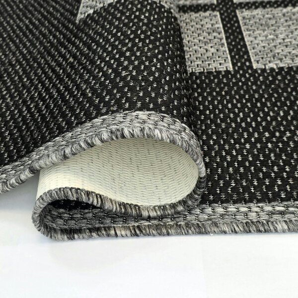 Viva Rugs Non-Slip Black Grey Rug Geometric Border Design Flat Weave Kitchen Dining Room Living Room Area Mat