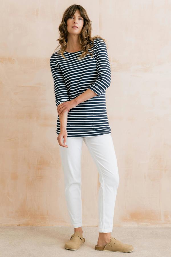 Lily & Me Coastal 3/4 Sleeve Jersey Stripe Tunic Navy