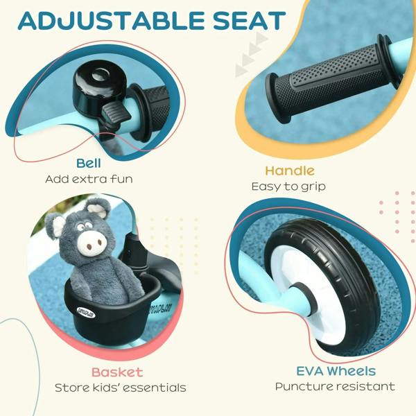 Kids tricycle with adjustable seat detail, bell, basket, and EVA puncture-resistant wheels