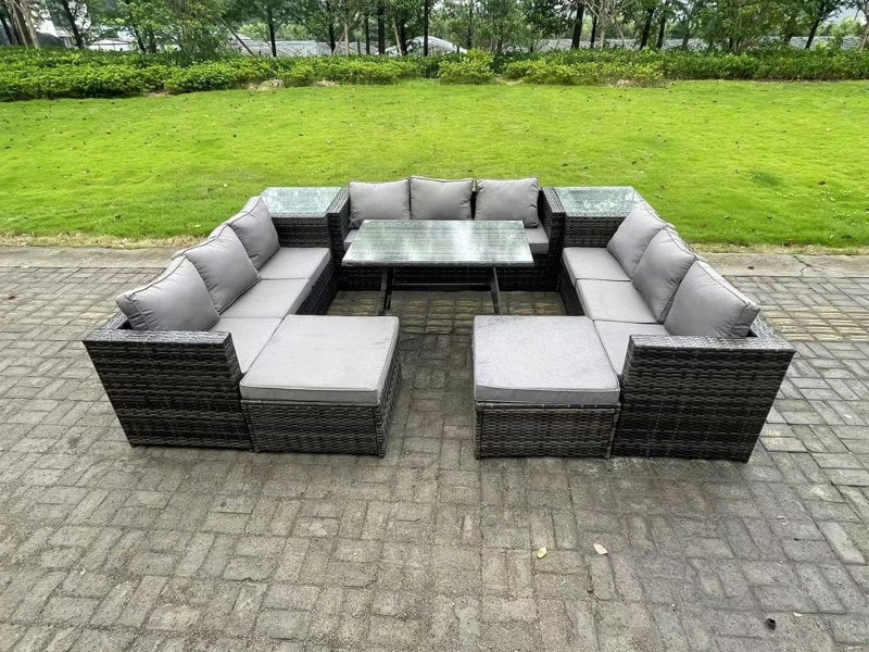 Fimous 11 Seater Wicker PE Rattan Outdoor Furniture Lounge Sofa Garden Dining Set with Dining Table 2 Side Tables 2 Big Footstools Dark Grey Mixed