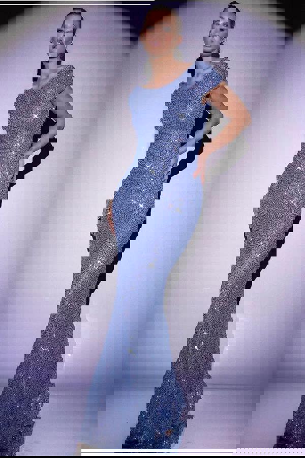 Cowl Back Sequin Maxi Dress - Blue DR3191