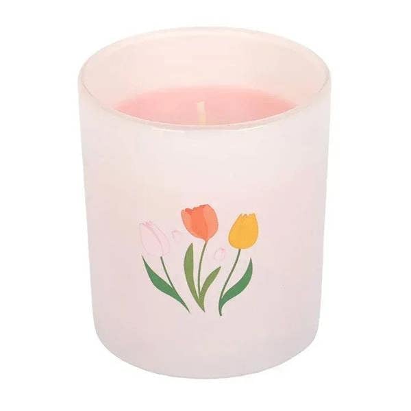 French tulip scented candle in pale blush jar with tulip bouquet illustration and wax pool