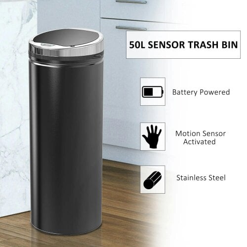 Bobobiy 50L Sensor Bin with Quiet Soft-Close Lid, Stainless Steel for Hygienic Kitchen, Black