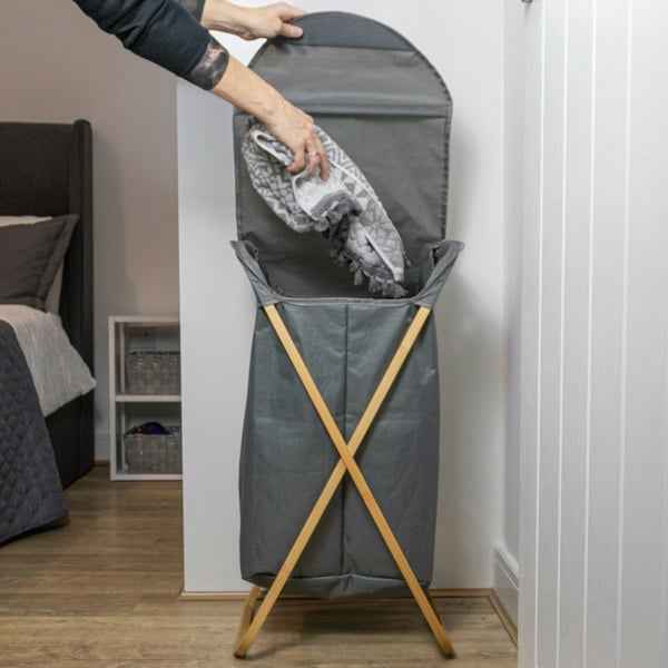JVL Bambanio Foldable Bamboo Laundry Storage Hamper, 100L - Grey