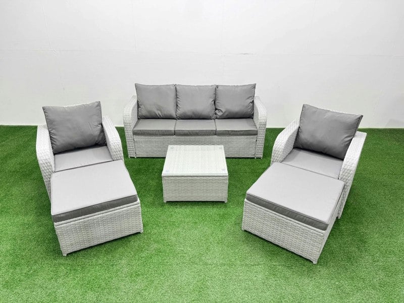 Fimous PE Rattan Garden Furniture Set Reclining Chair Sofa Lounge Sofa Set Square Coffee Table 2 Big Footstool Light Grey