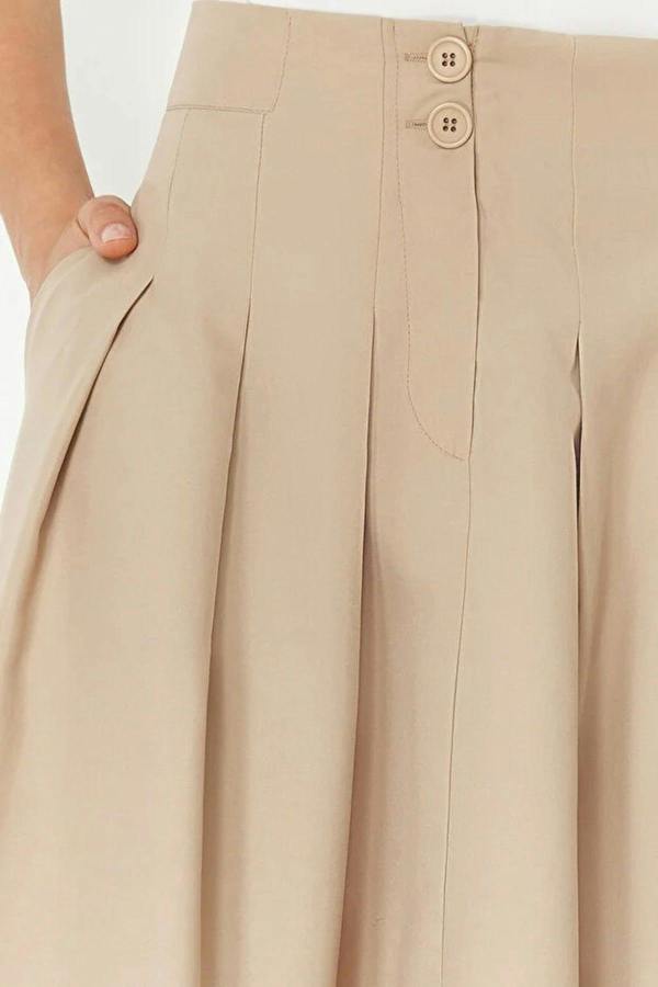 WOVCOR Midi Woven Skirt with Pleat and Buttons Detail